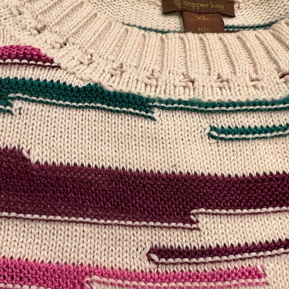 Copper Key Cream with Burgundy/Pink/Teal Stripes Knit Sweater - Picture 5 of 11